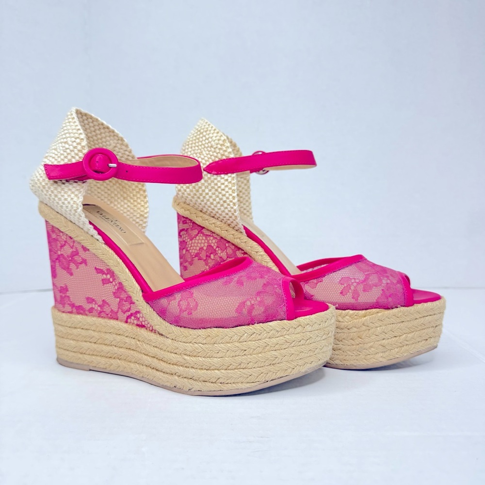 VALENTINO Pink Lace Espadrille Wedges Size 37